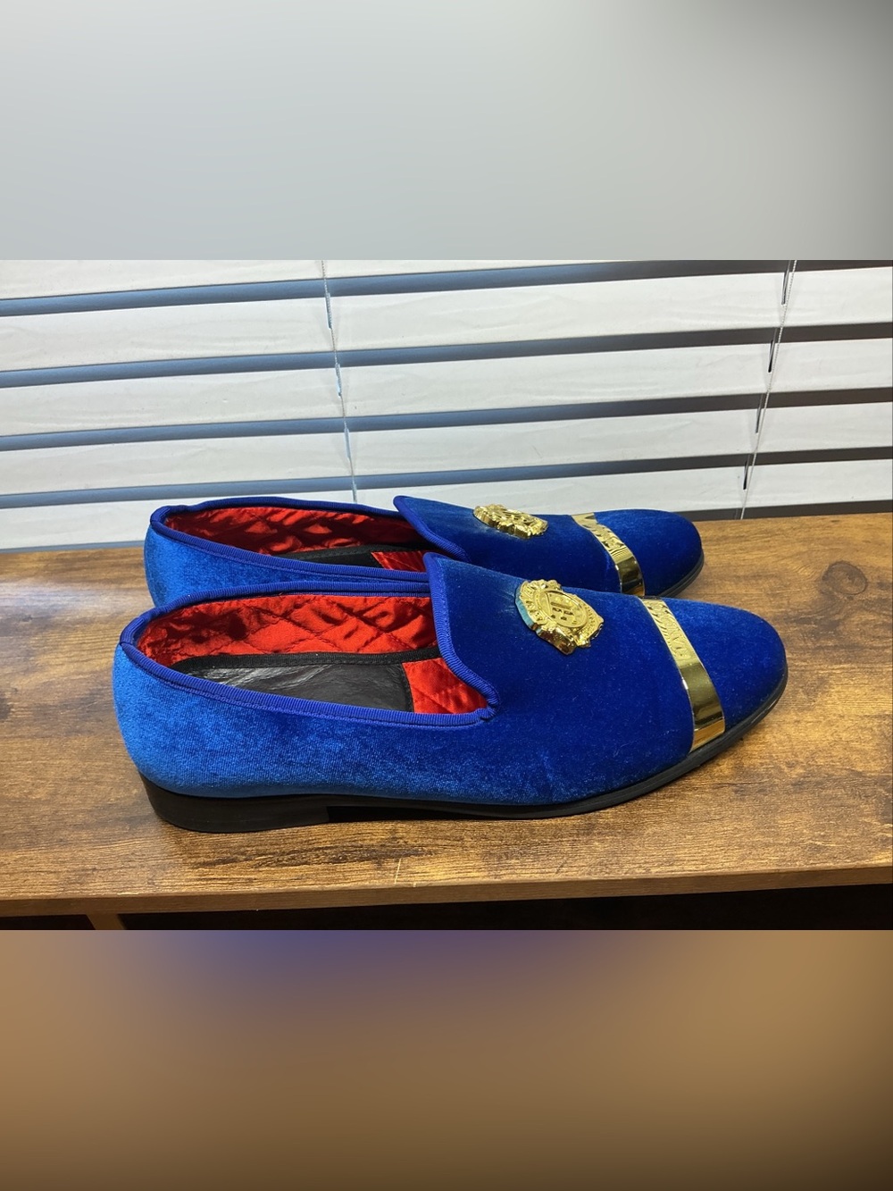 Elan Roman Blue Velvet Slip-On Loafers with Gold Crest